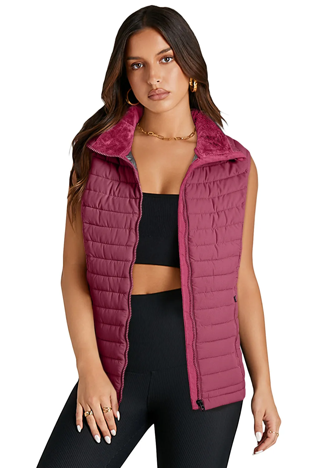 Black Plush Collared Quilted Zipped Puffer Vest