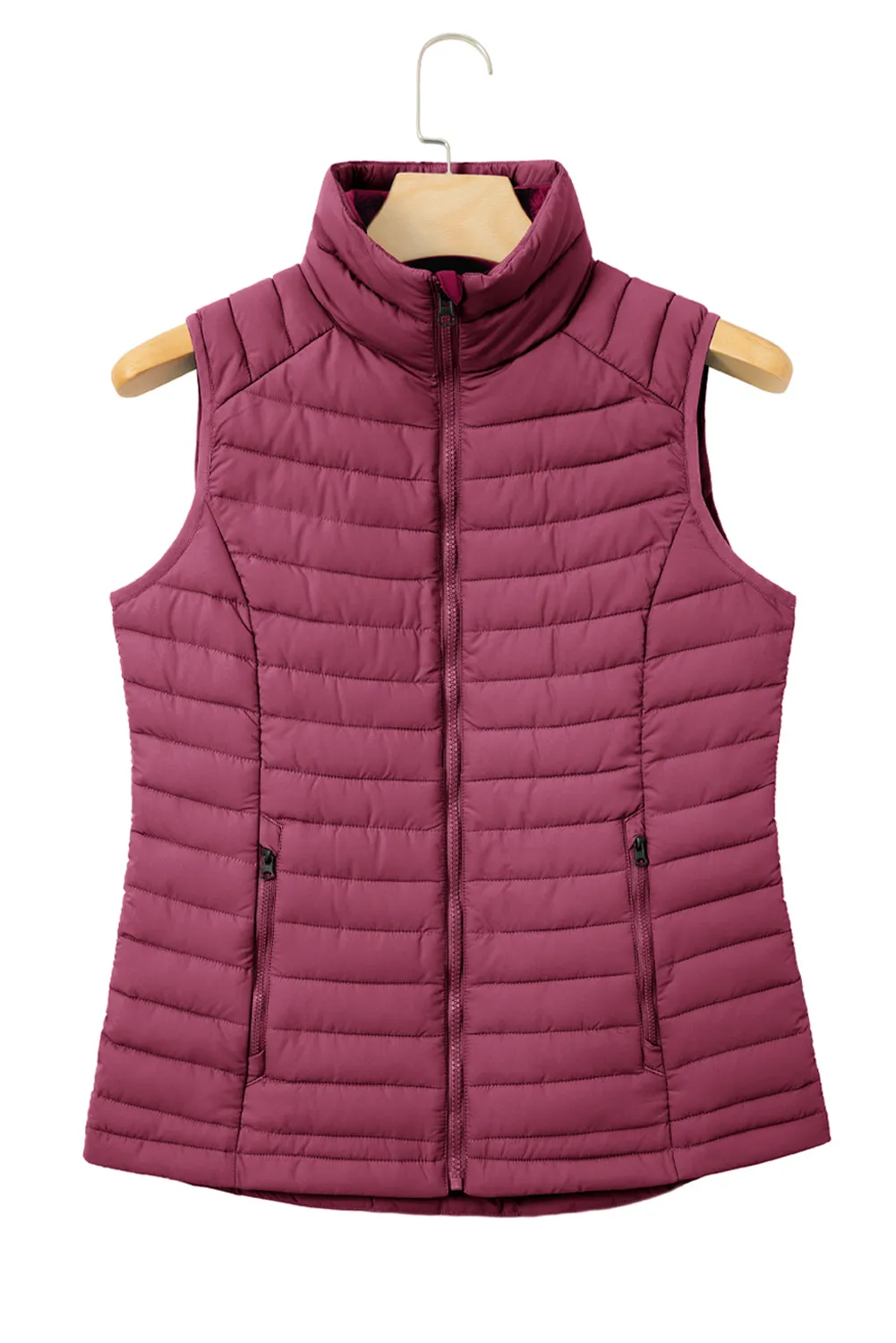 Black Plush Collared Quilted Zipped Puffer Vest