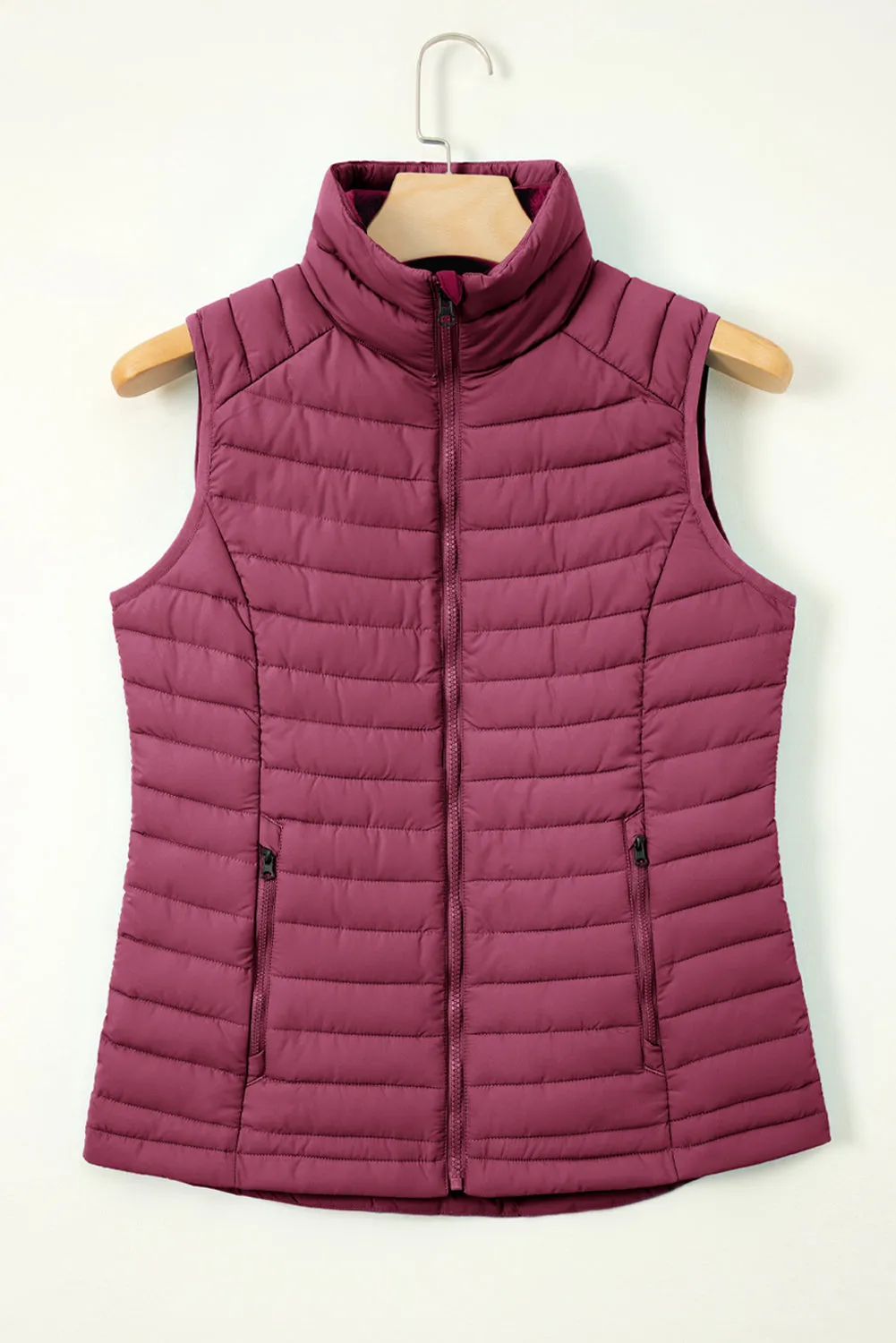 Black Plush Collared Quilted Zipped Puffer Vest