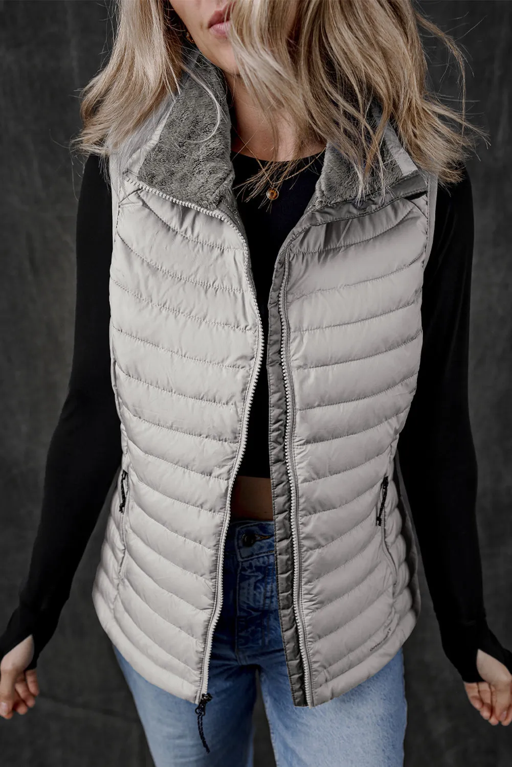 Black Plush Collared Quilted Zipped Puffer Vest