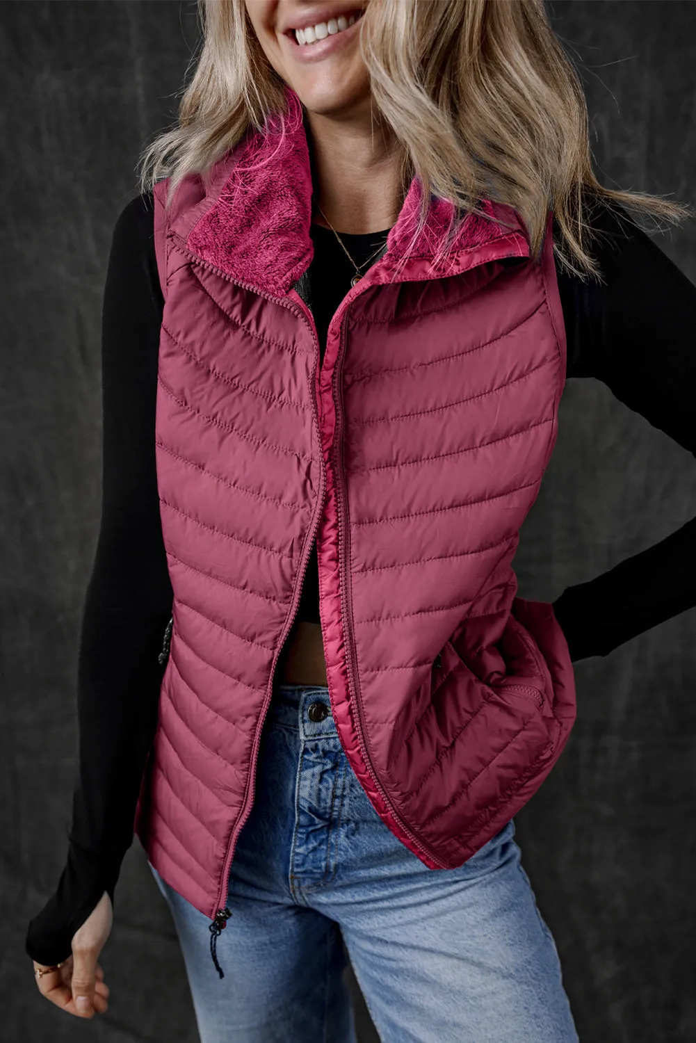 Black Plush Collared Quilted Zipped Puffer Vest