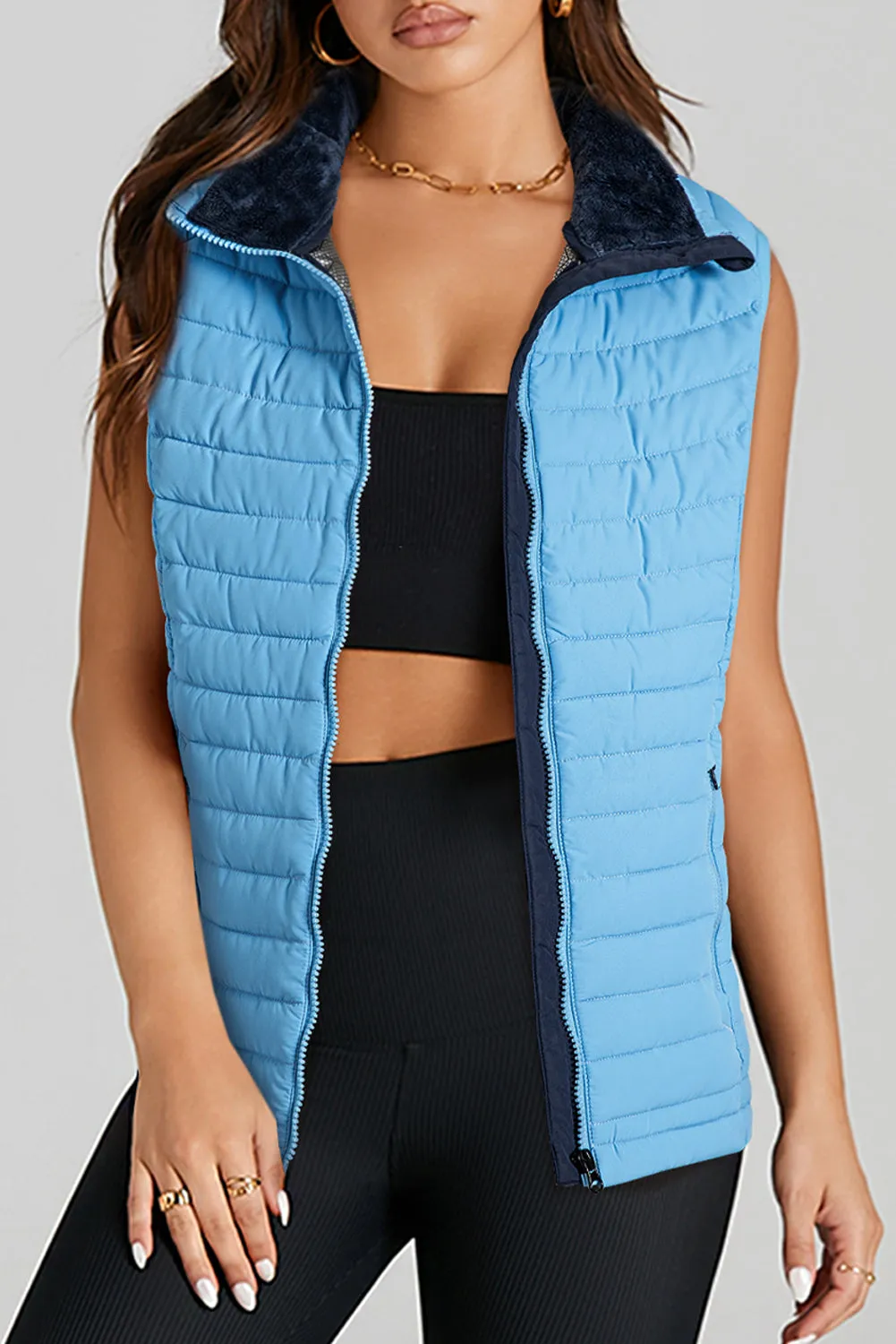 Black Plush Collared Quilted Zipped Puffer Vest