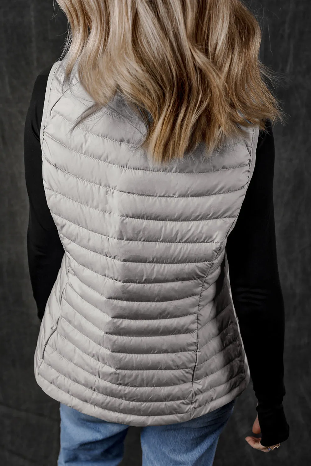 Black Plush Collared Quilted Zipped Puffer Vest