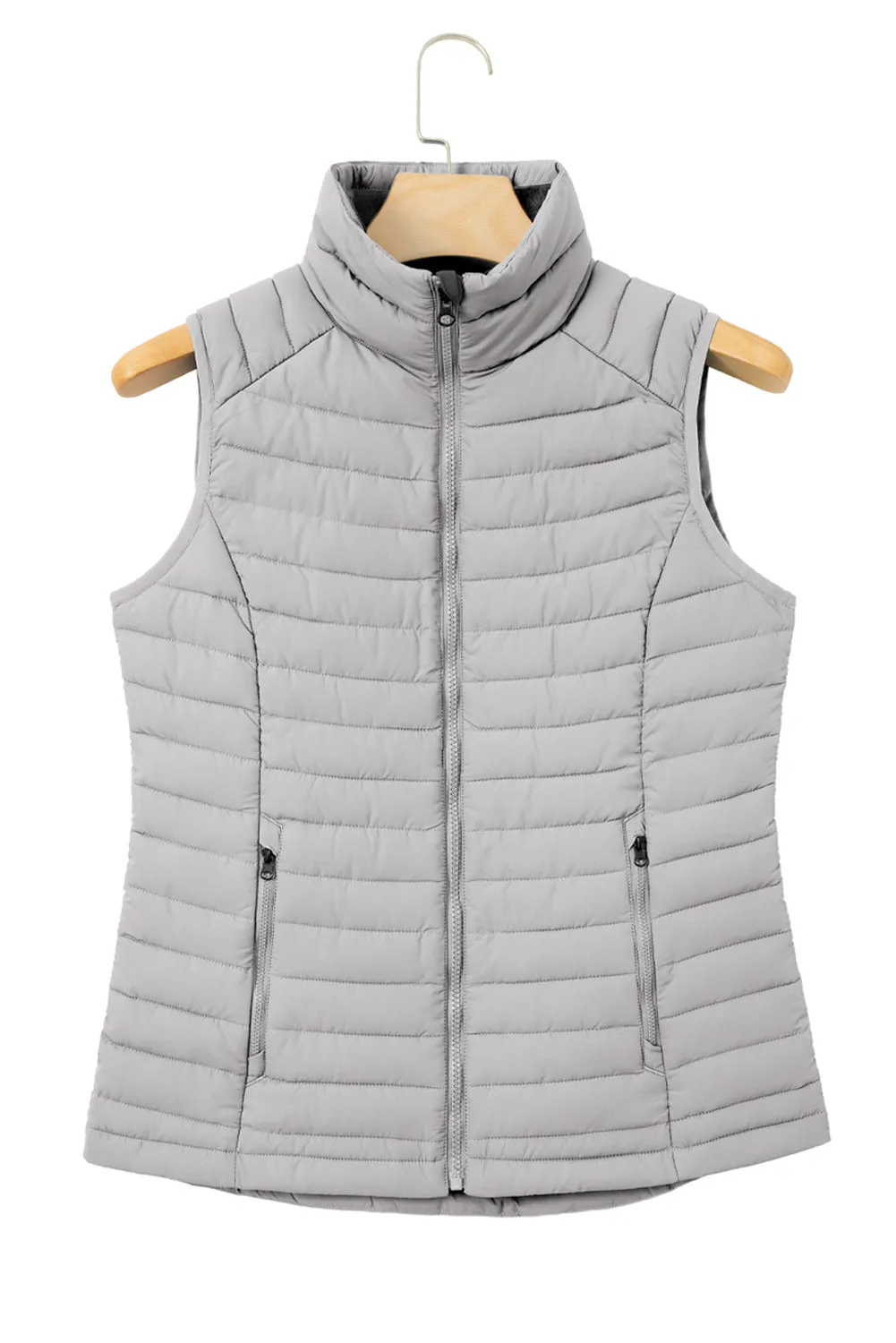 Black Plush Collared Quilted Zipped Puffer Vest