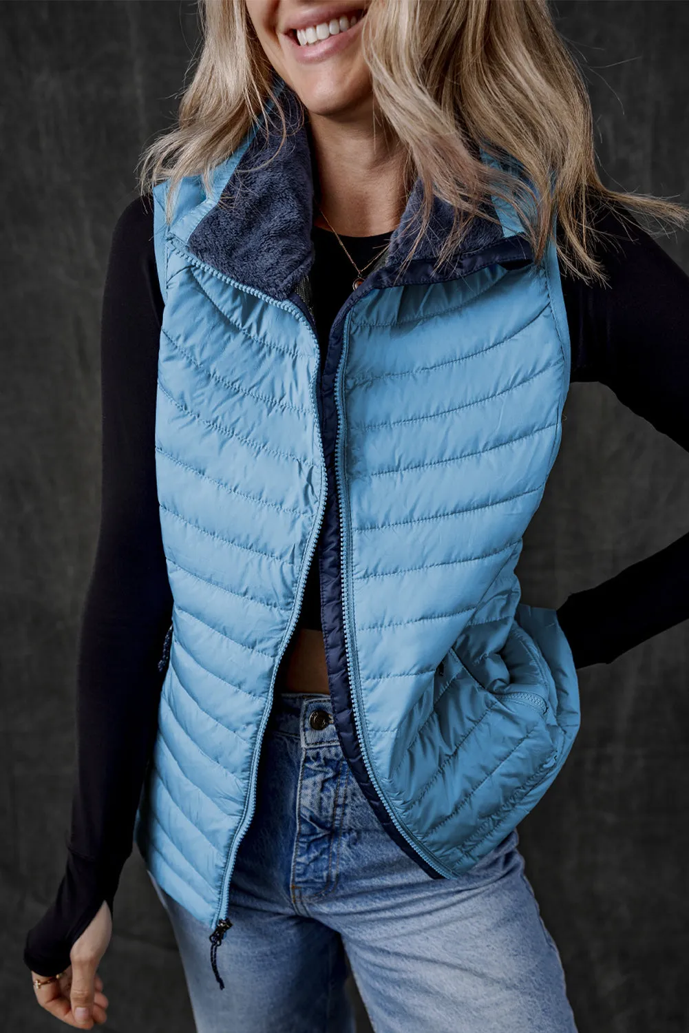 Black Plush Collared Quilted Zipped Puffer Vest