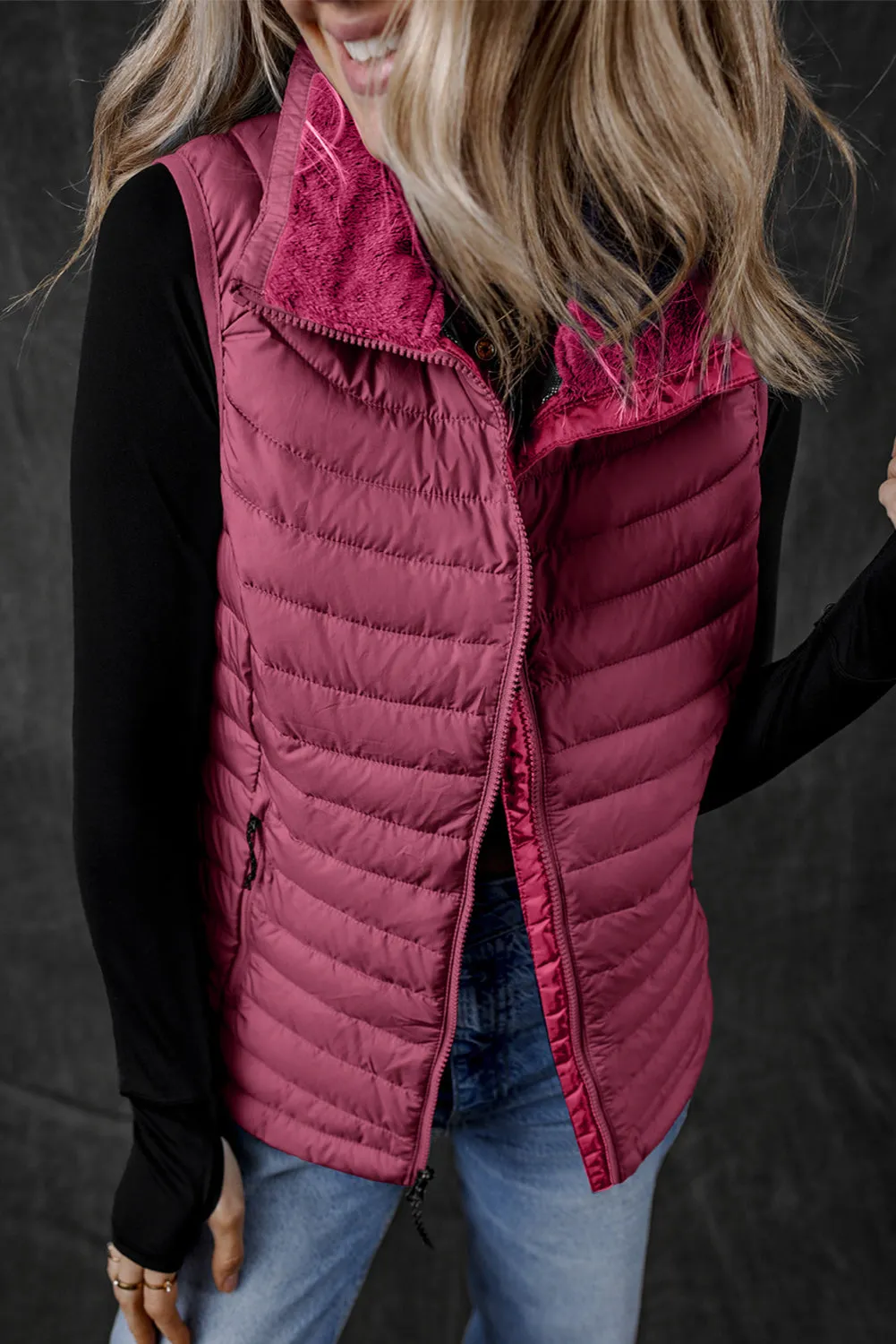 Black Plush Collared Quilted Zipped Puffer Vest