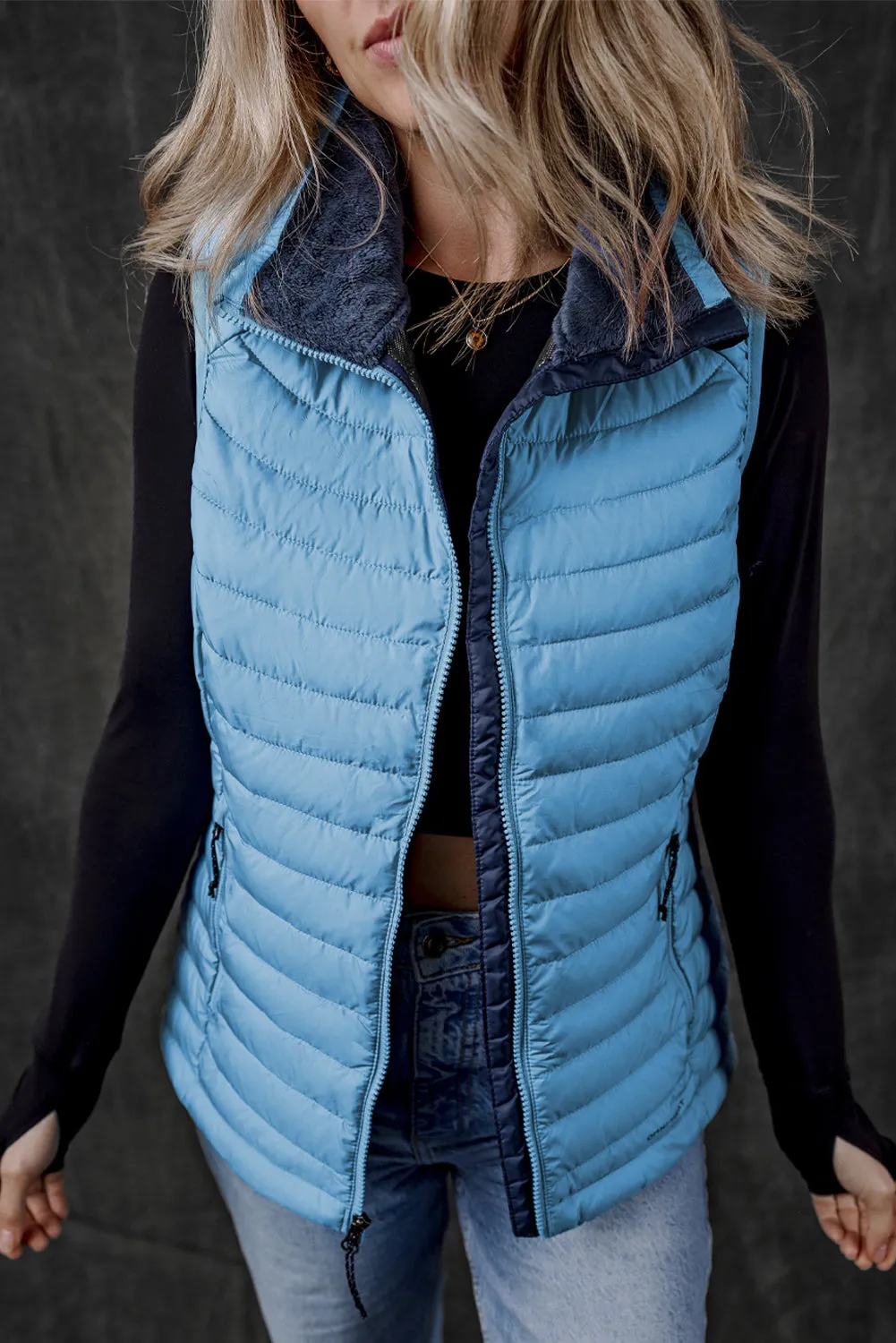 Black Plush Collared Quilted Zipped Puffer Vest