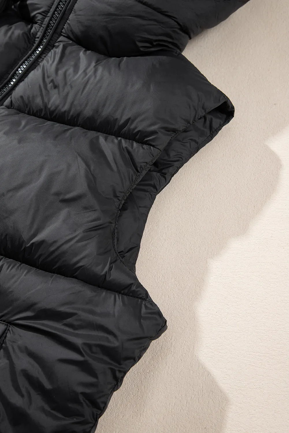 Black Sleek Quilted Puffer Hooded Vest Coat