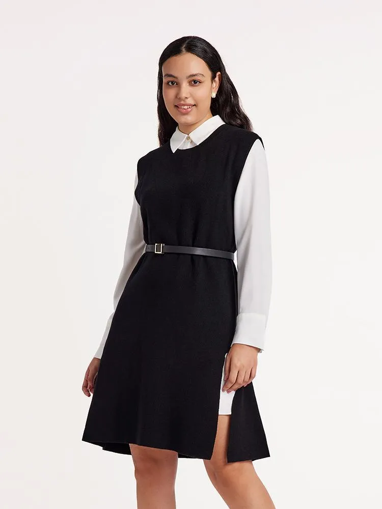 Black Vest Dress And White Women Shirt Dress Two-Piece Set