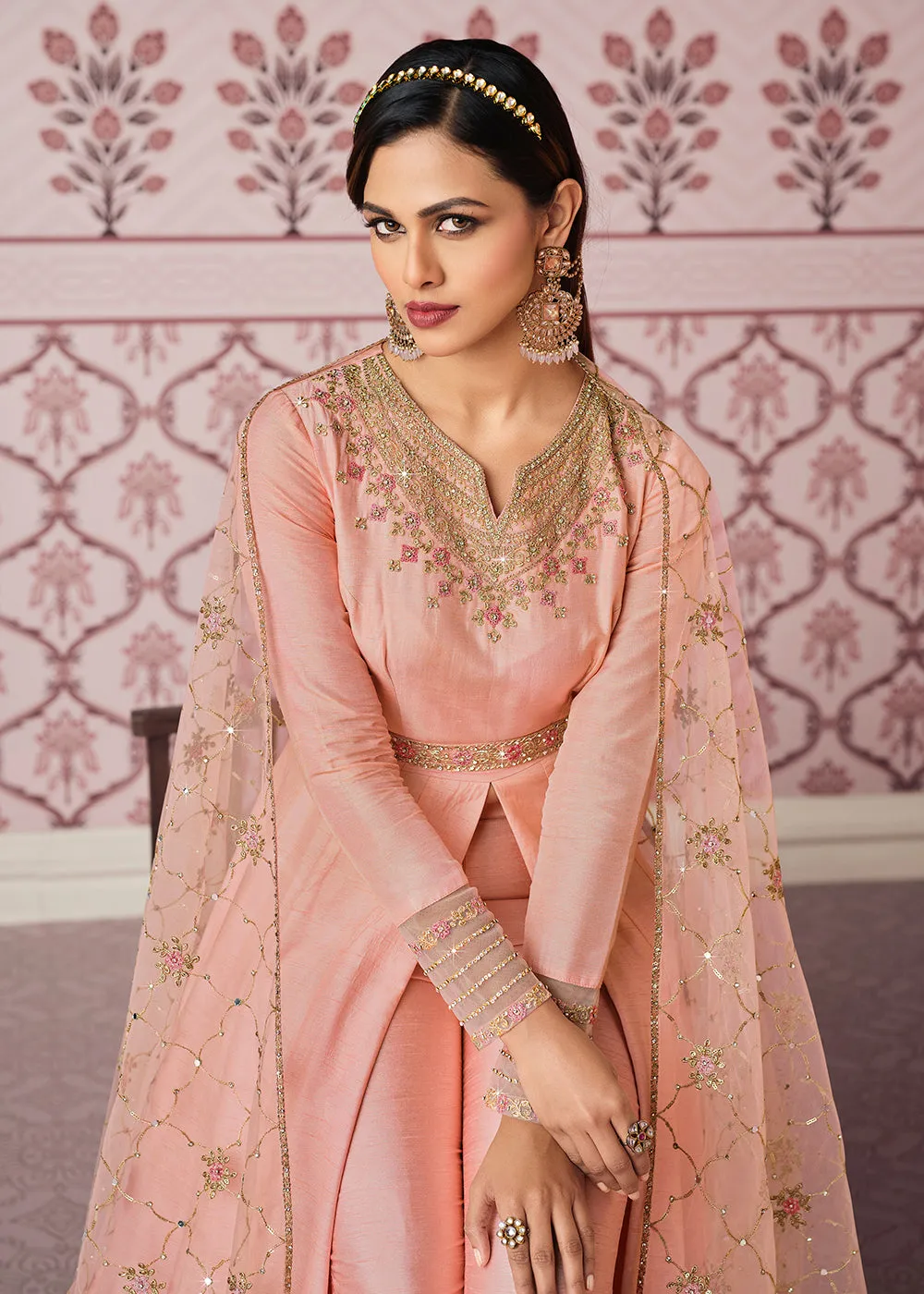 Blush Pink Art Silk Fabric Indian Embroidered Anarkali Suit