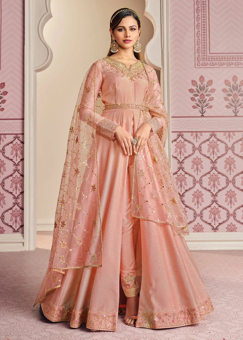 Blush Pink Art Silk Fabric Indian Embroidered Anarkali Suit