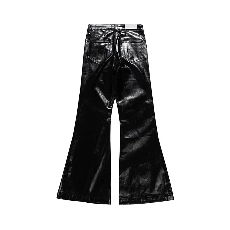 Bonsir High Street Wide Leg Glossy Pu Leather Pants Sashes Boot Cut Men and Wome Straight Baggy Casual Jeans Oversized Flared Trousers