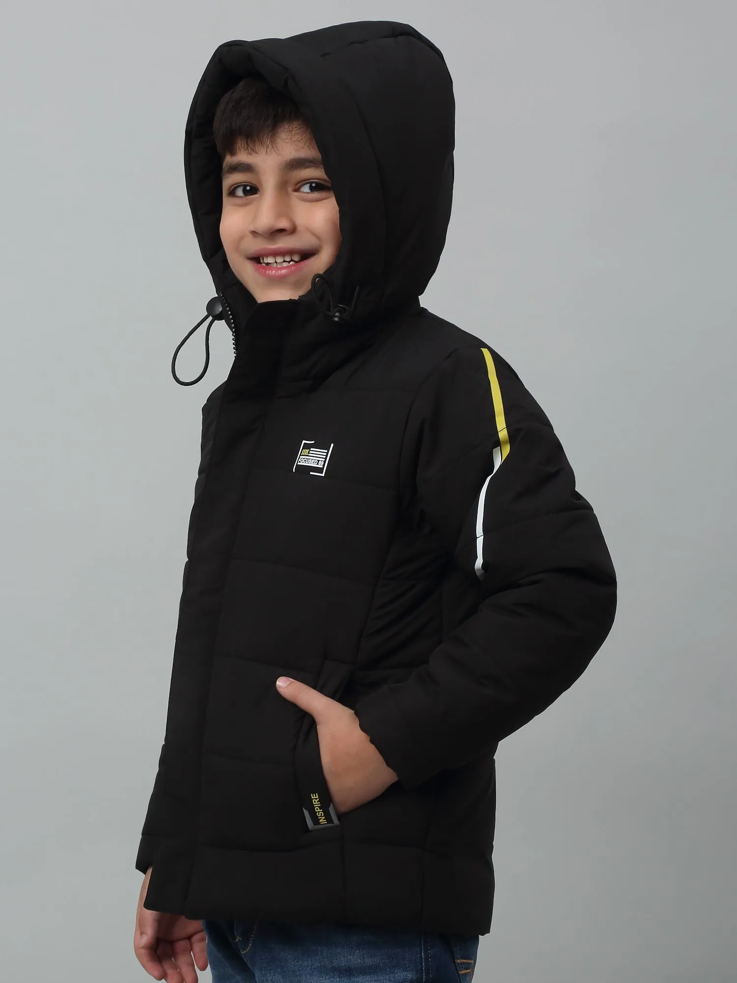 Boys Black Hooded Neck Solid Casual Jacket For Winter