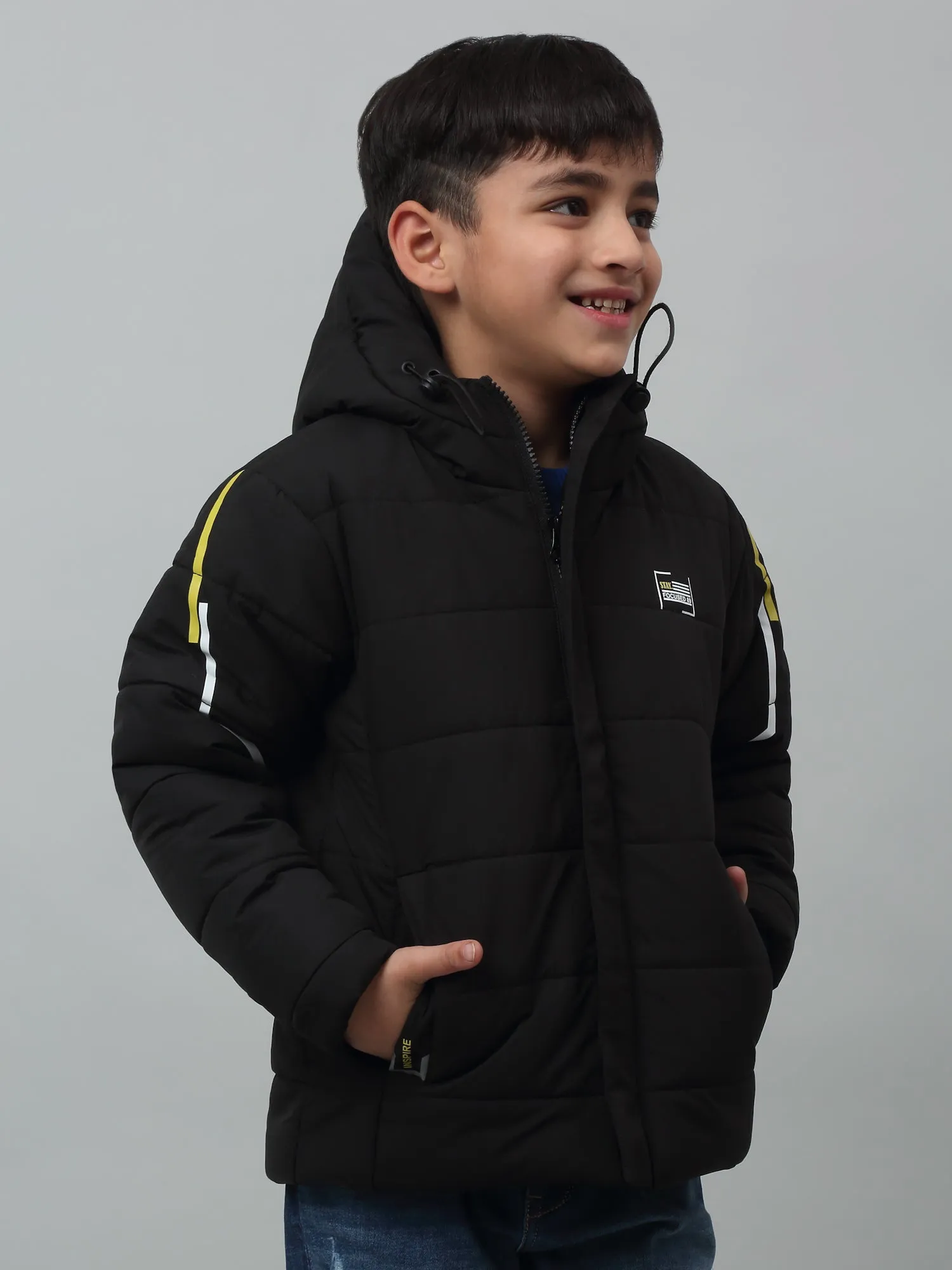 Boys Black Hooded Neck Solid Casual Jacket For Winter