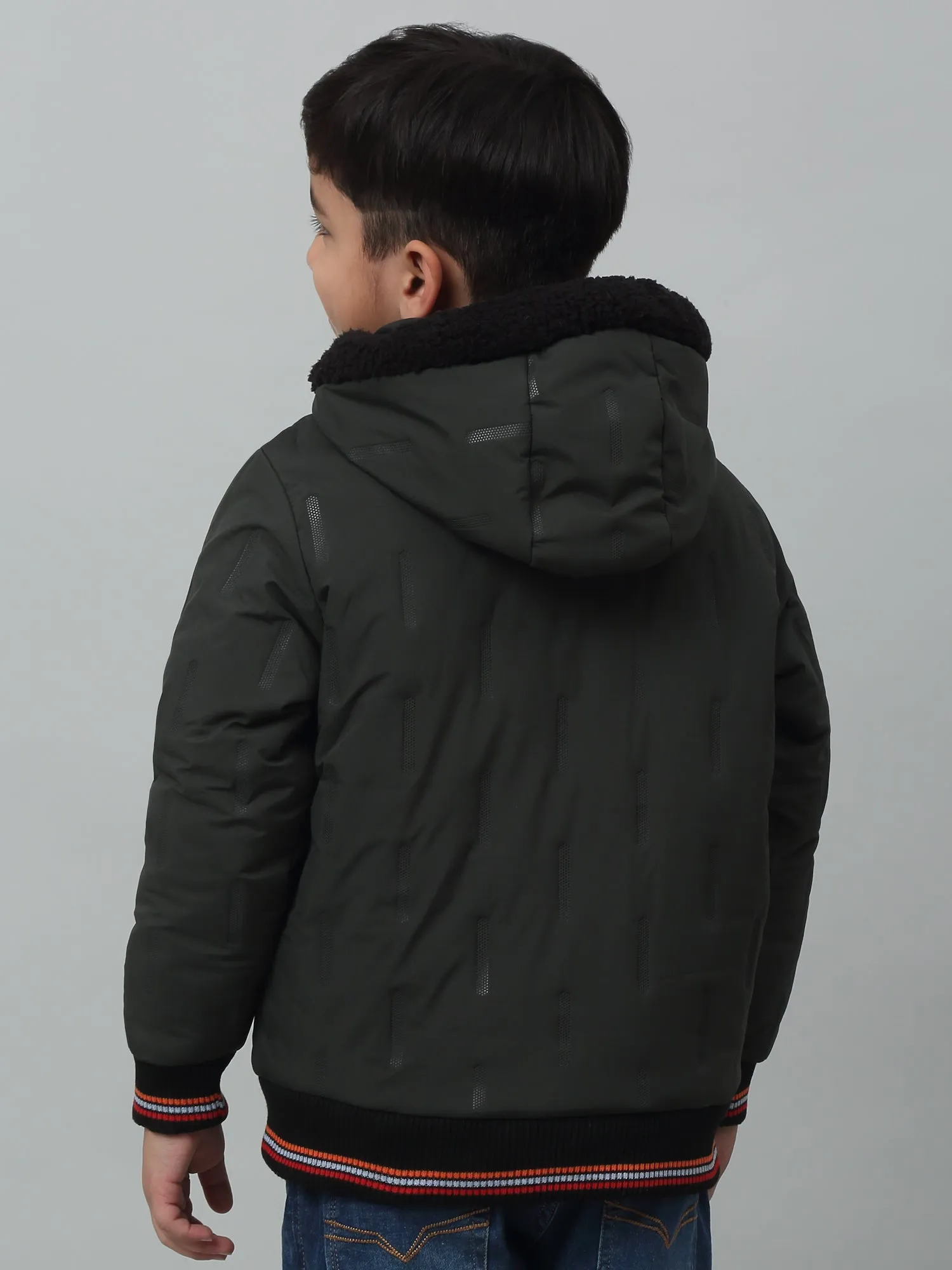 Boys Bottle Green Hooded Neck Solid Casual Jacket For Winter