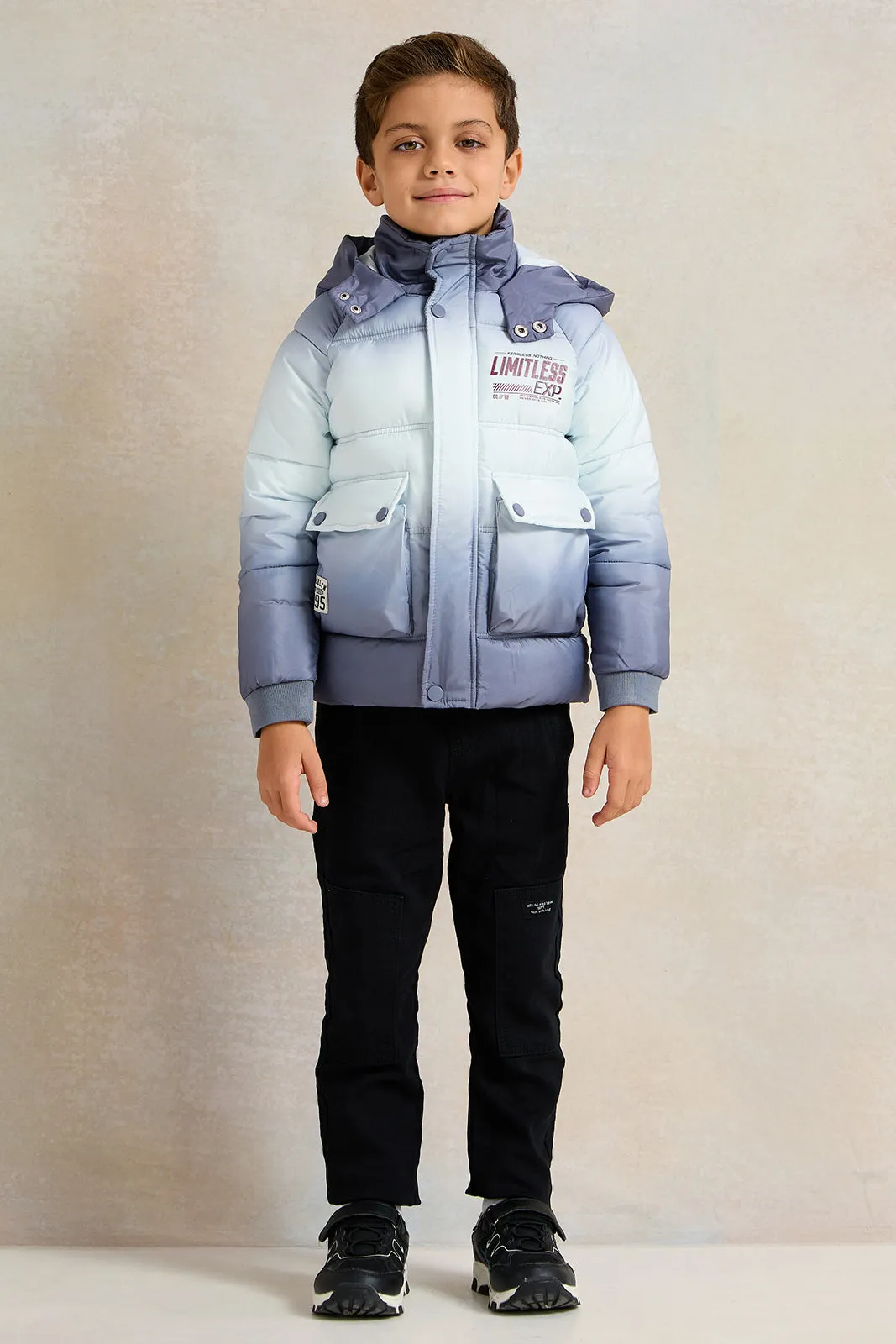 Boys Grey Dip Dye Puffer Hooded Jacket