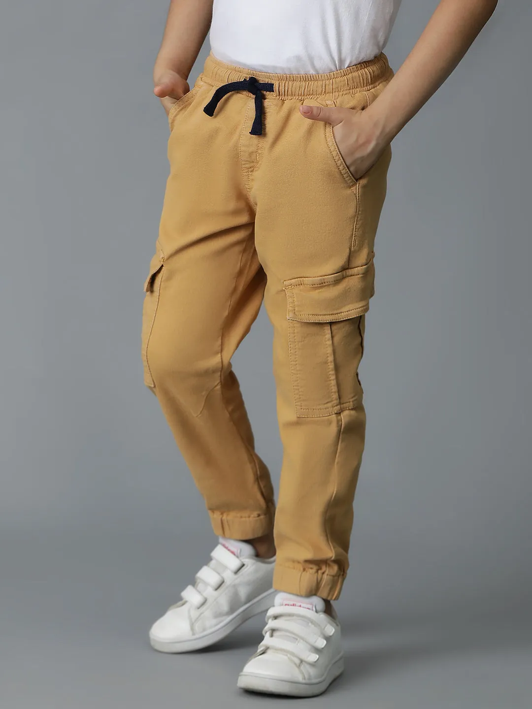 Boys Lycra Khakhi Slim Fit Joggers