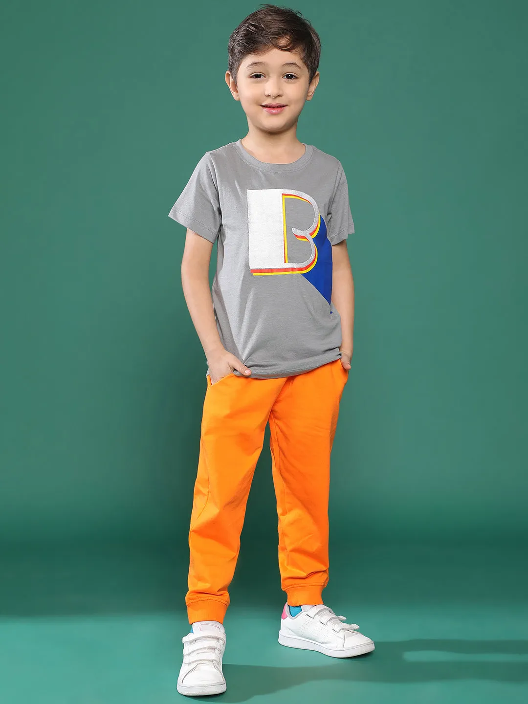 Boys Off Orange Solid Cotton Joggers