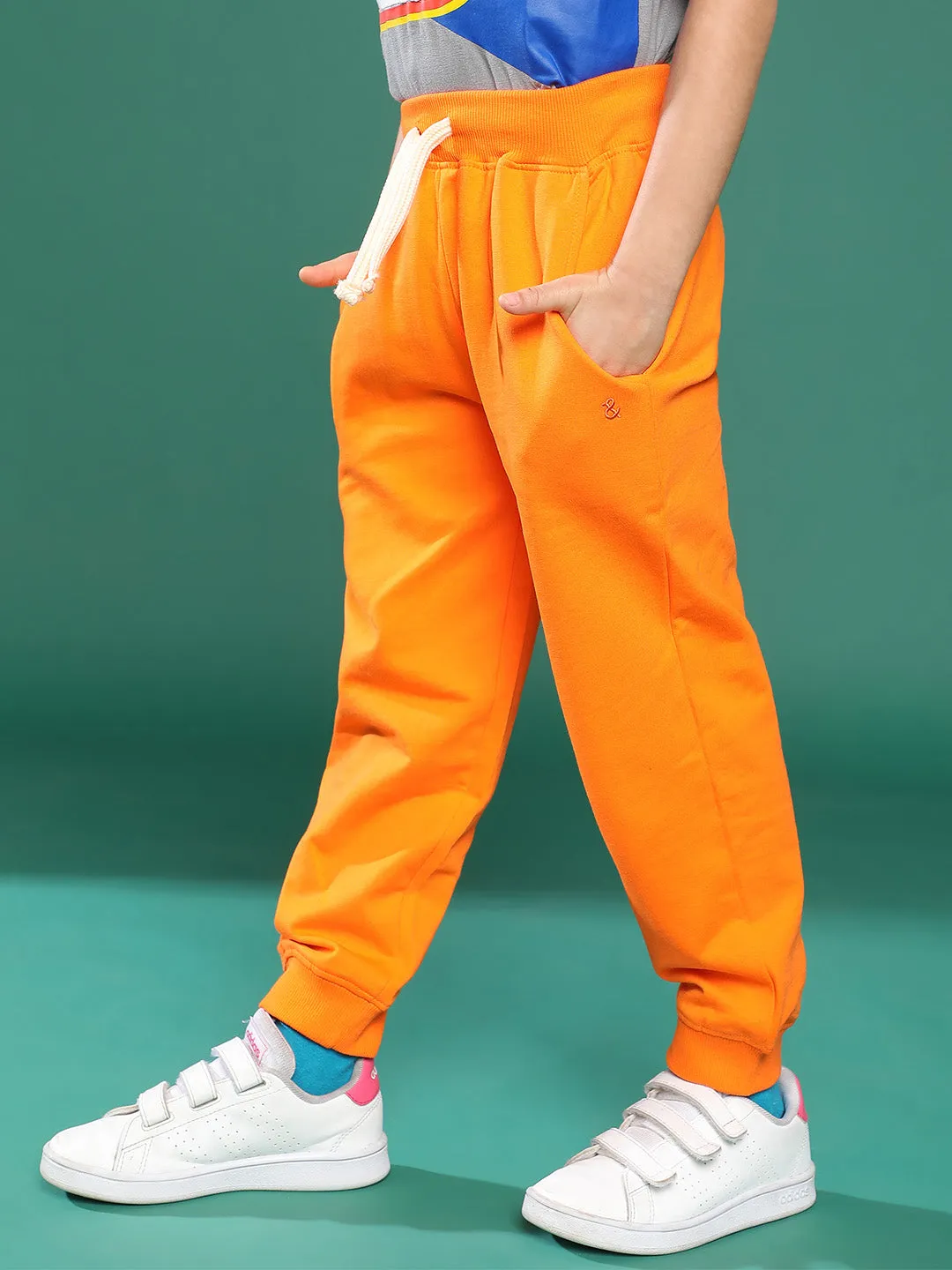 Boys Off Orange Solid Cotton Joggers