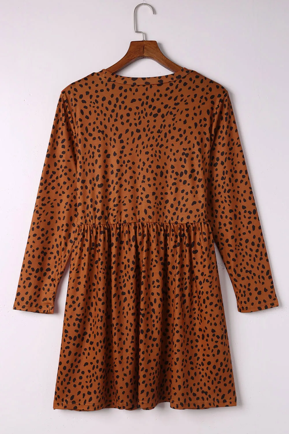 Brown Casual Crew Neck Long Sleeve Leopard Print Dress