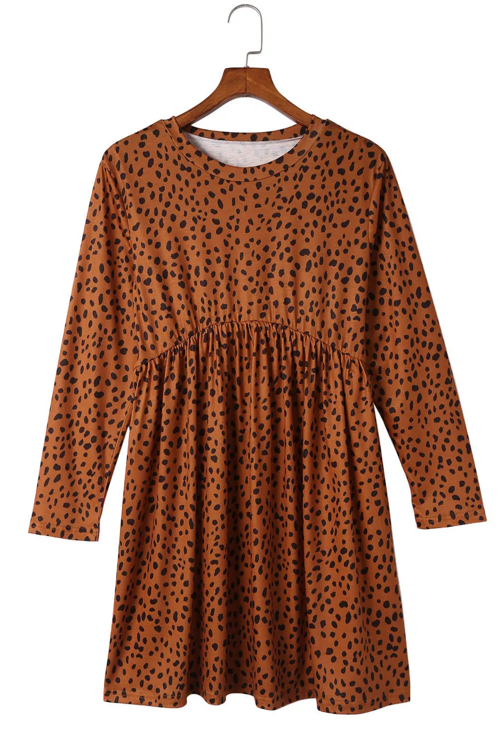 Brown Casual Crew Neck Long Sleeve Leopard Print Dress