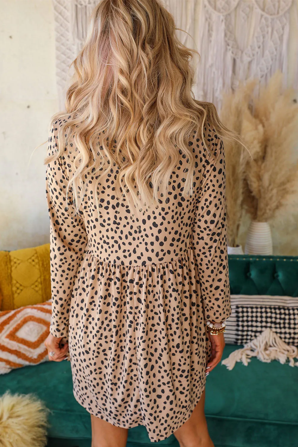 Brown Casual Crew Neck Long Sleeve Leopard Print Dress