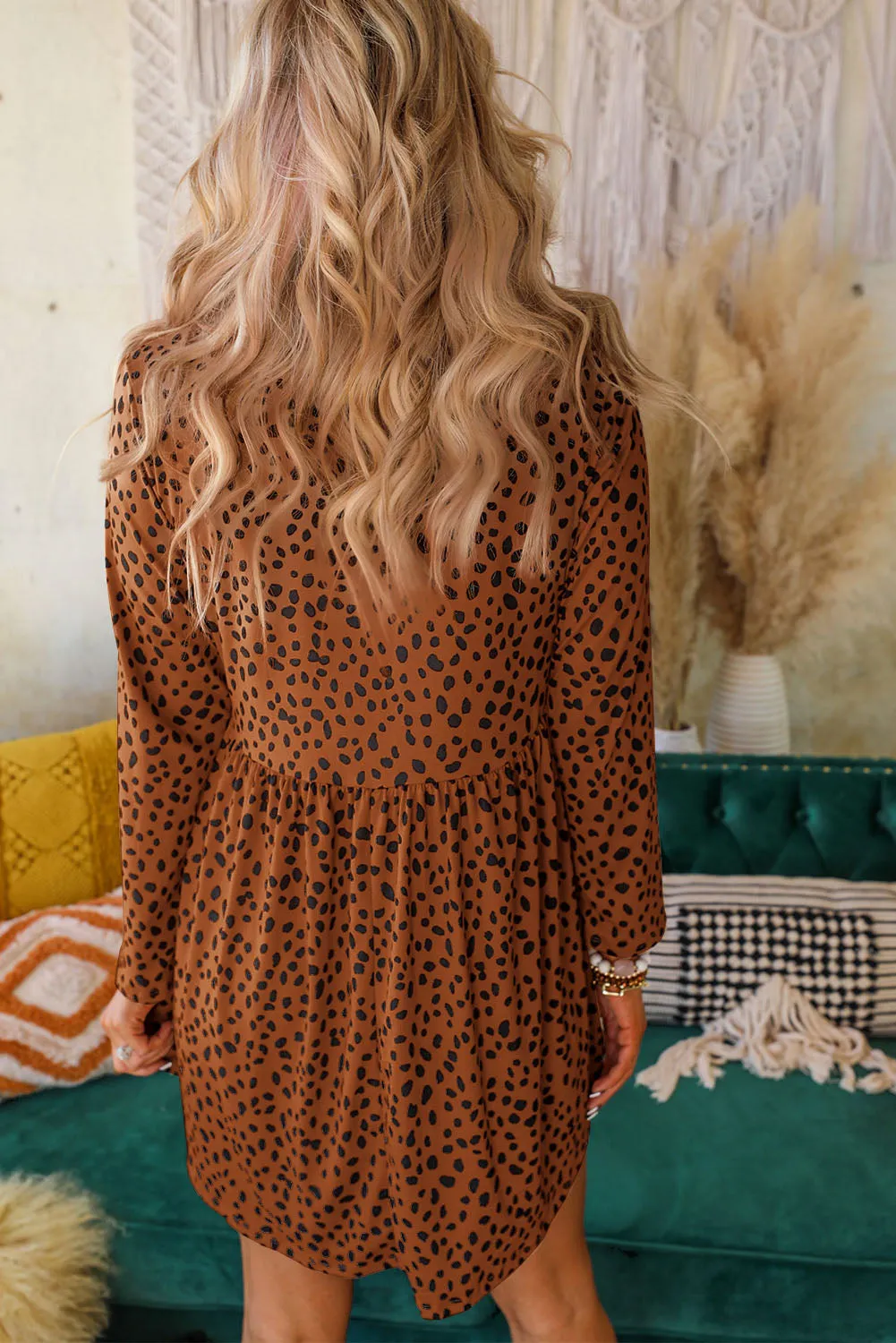 Brown Casual Crew Neck Long Sleeve Leopard Print Dress