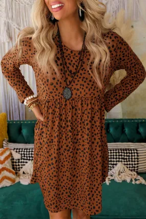 Brown Casual Crew Neck Long Sleeve Leopard Print Dress