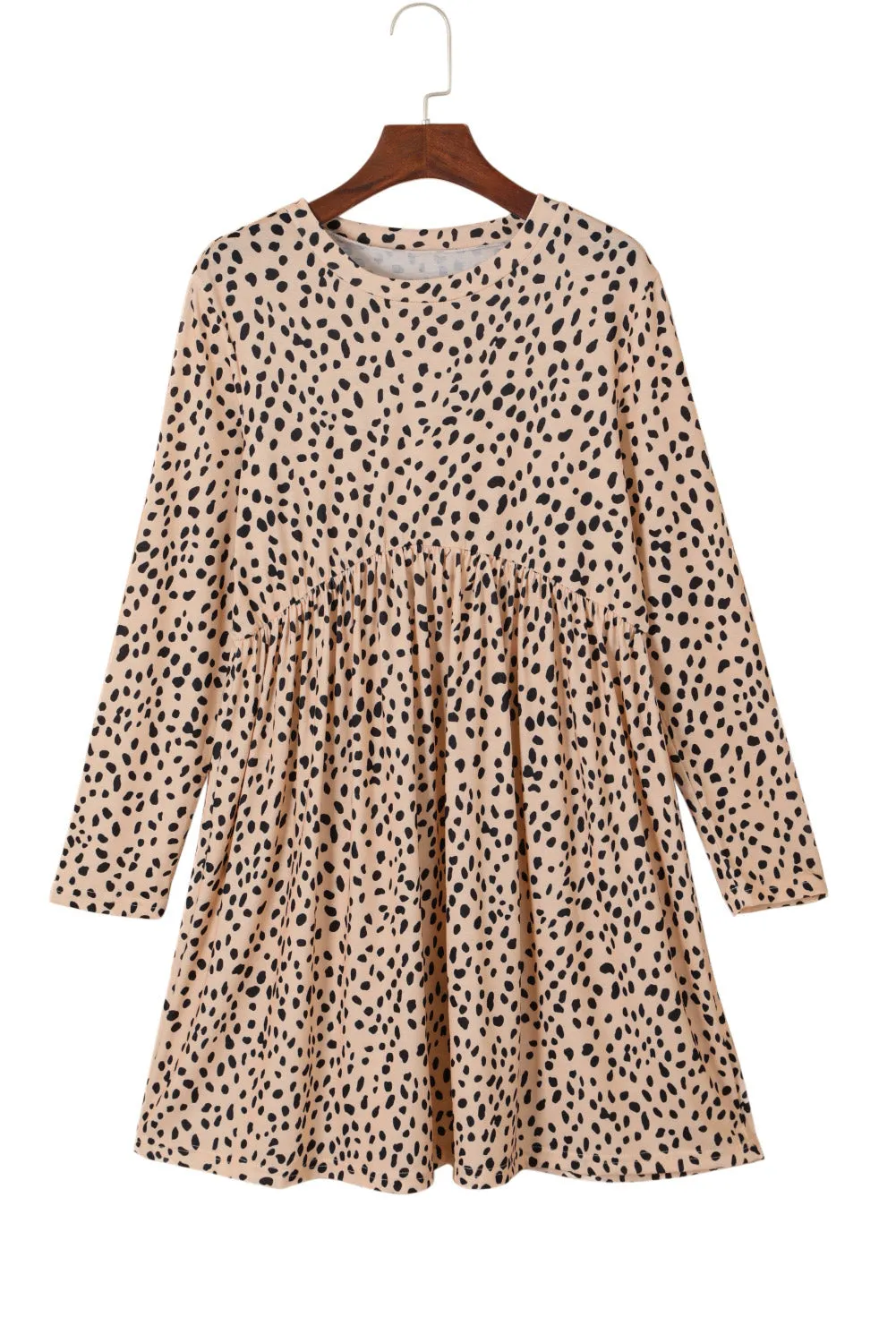 Brown Casual Crew Neck Long Sleeve Leopard Print Dress