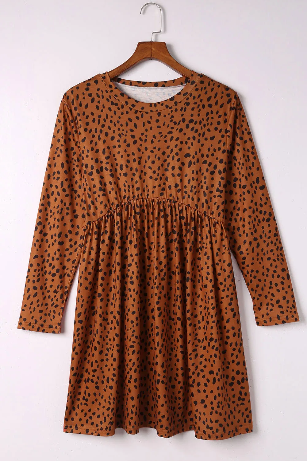 Brown Casual Crew Neck Long Sleeve Leopard Print Dress