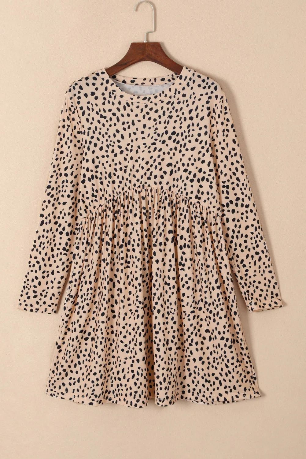 Brown Casual Crew Neck Long Sleeve Leopard Print Dress