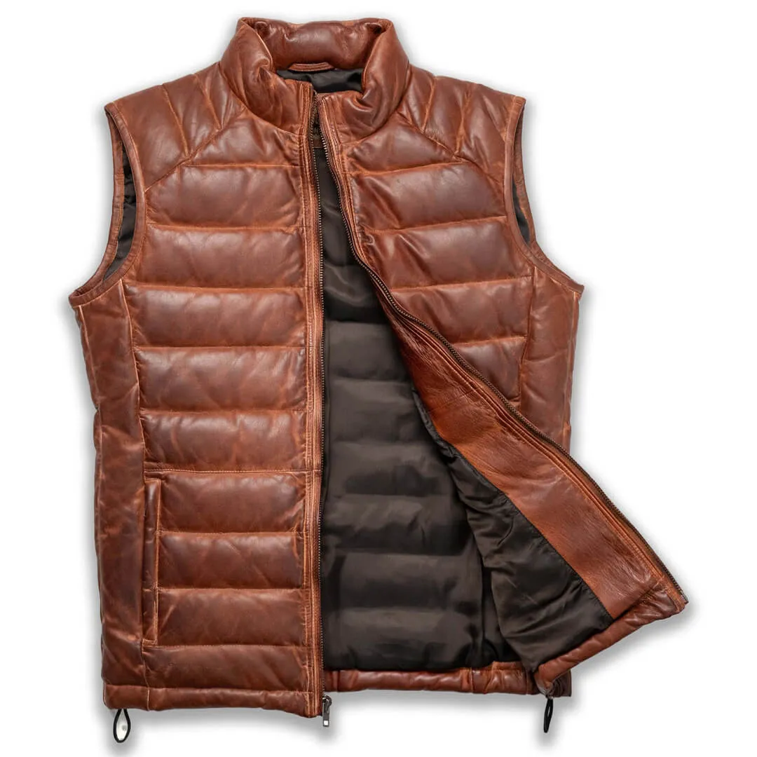 Brown Leather Down Puffer Vest