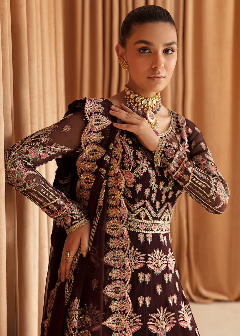 Brown Pakistani Maxi Dress | Ayzel | Fleur De Lis Formals’23 | Camellia