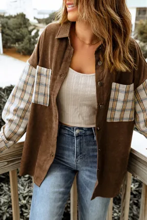 Brown Plaid Patchwork Corduroy Shirt Jacket With Pocket