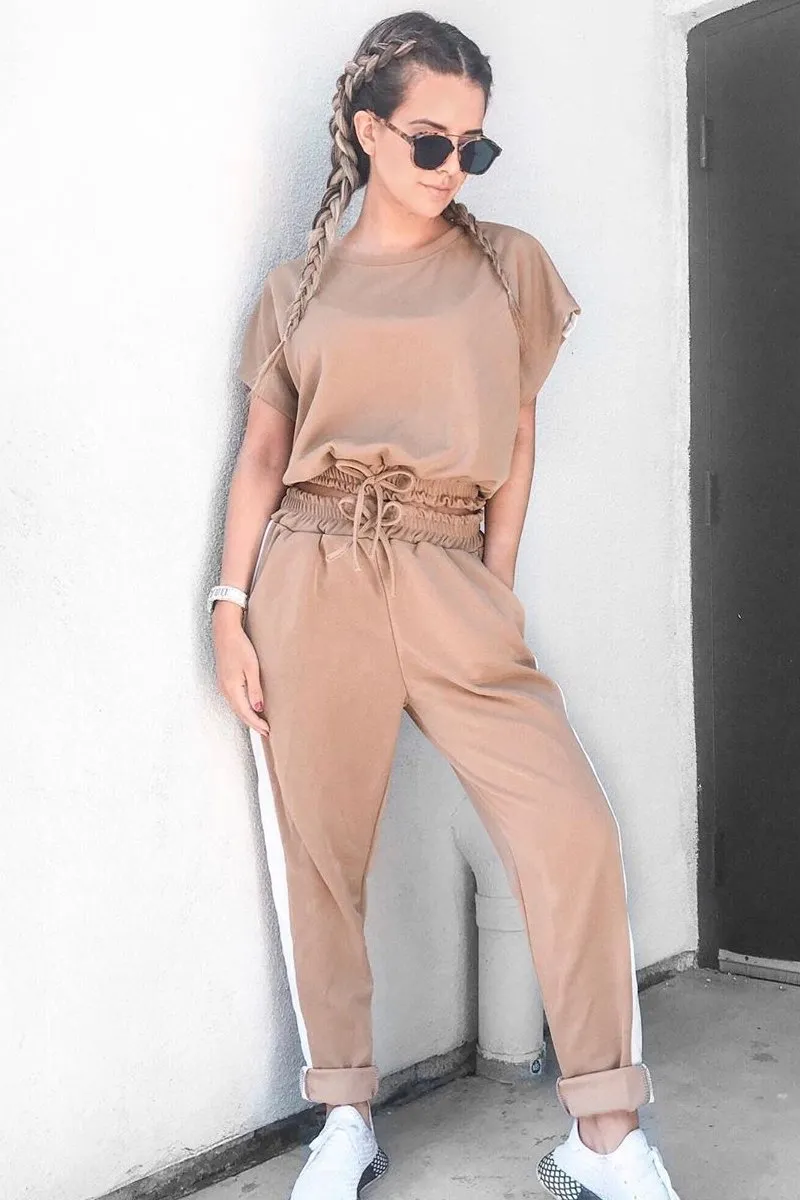 Camel Shiny Contrast Stripe Crop Top Joggers Co-Ord - Maisey