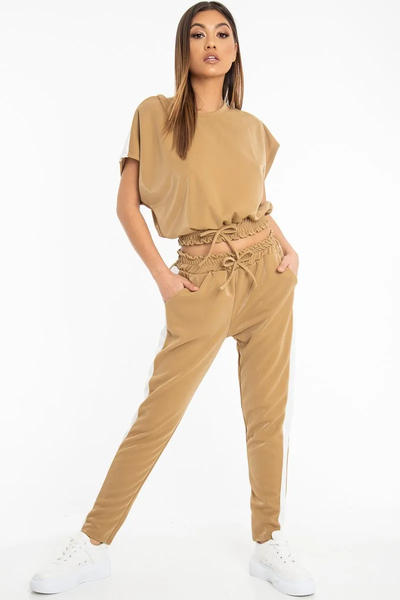 Camel Shiny Contrast Stripe Crop Top Joggers Co-Ord - Maisey