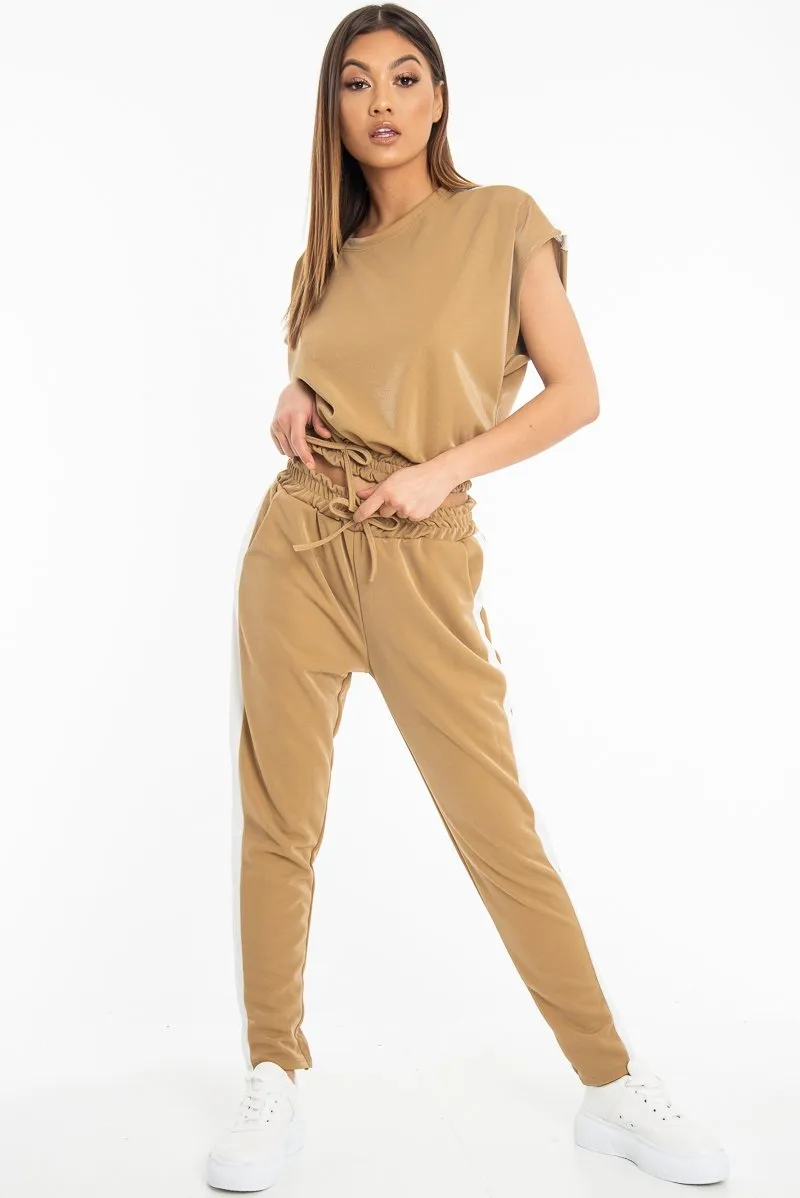 Camel Shiny Contrast Stripe Crop Top Joggers Co-Ord - Maisey