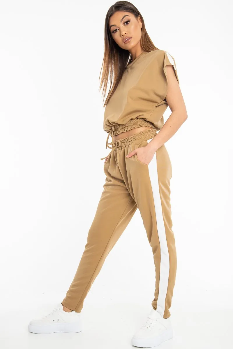 Camel Shiny Contrast Stripe Crop Top Joggers Co-Ord - Maisey