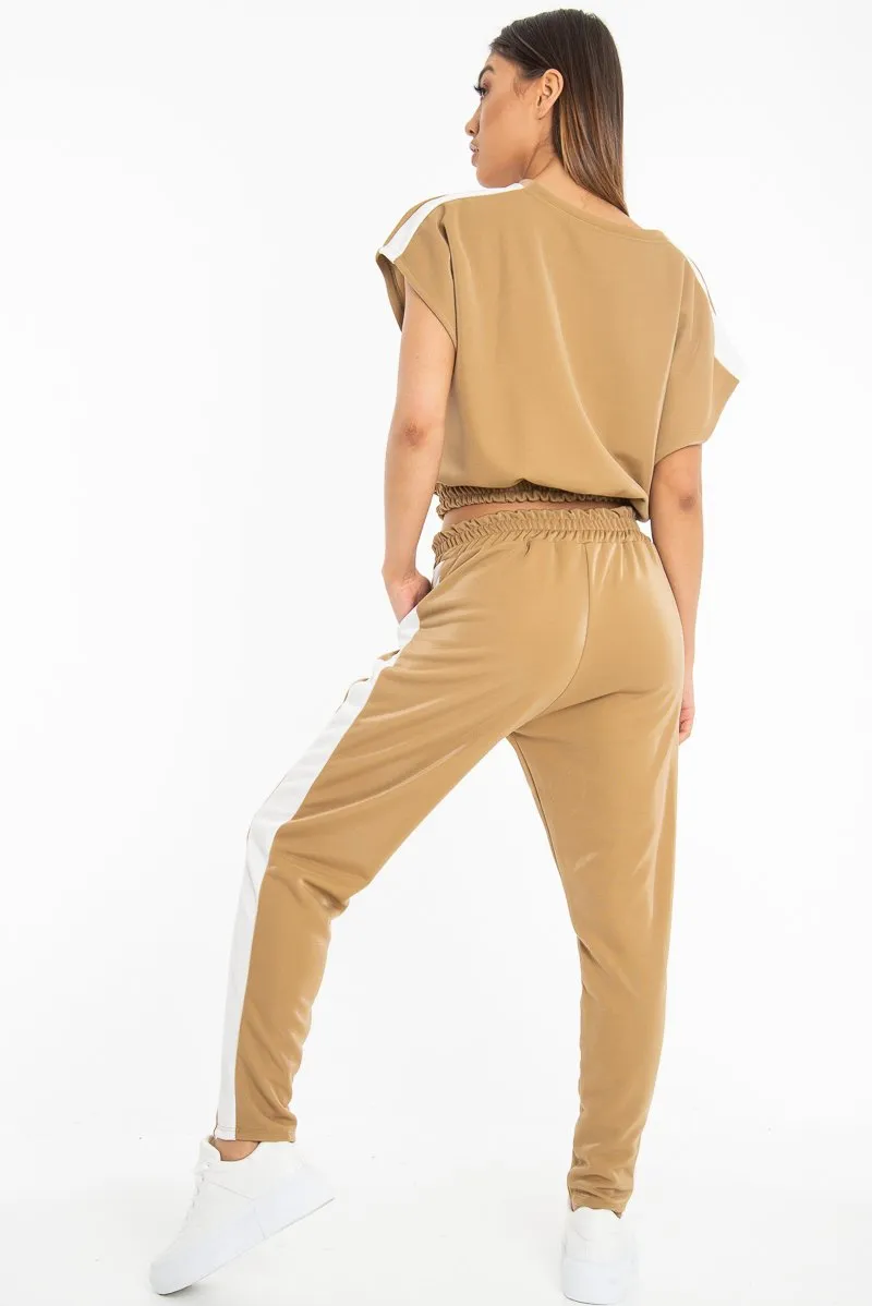 Camel Shiny Contrast Stripe Crop Top Joggers Co-Ord - Maisey