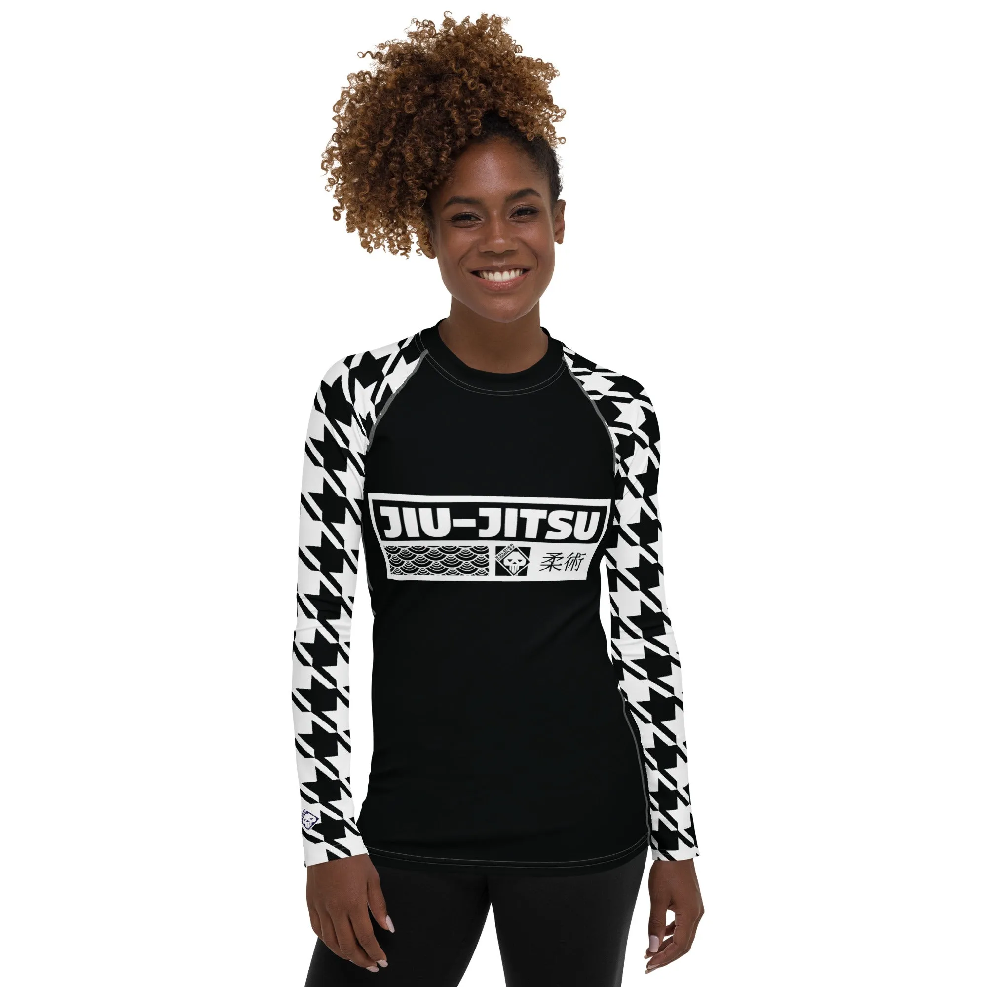 Chic Comfort: Long Sleeve Jiu-Jitsu Houndstooth BJJ Rash Guard for Women Noir