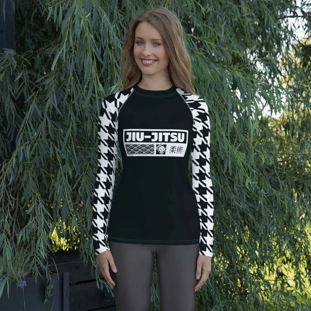 Chic Comfort: Long Sleeve Jiu-Jitsu Houndstooth BJJ Rash Guard for Women Noir