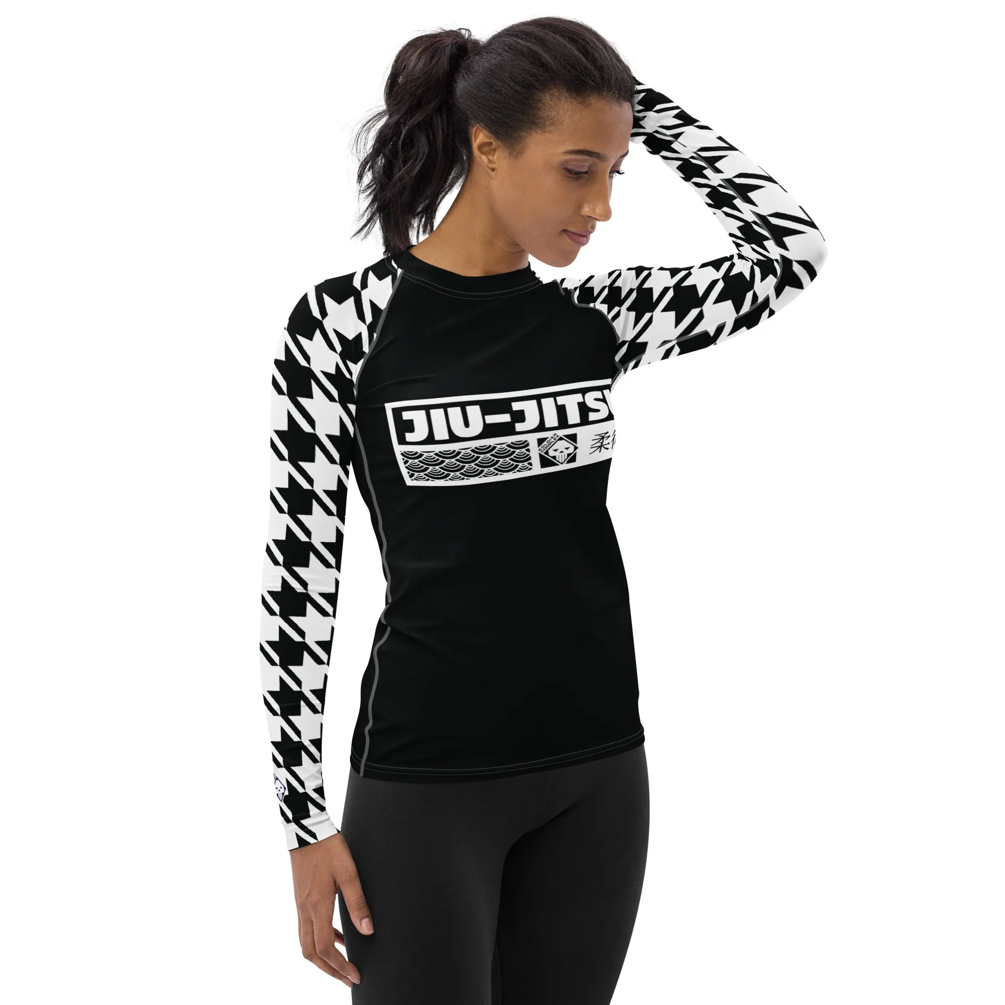 Chic Comfort: Long Sleeve Jiu-Jitsu Houndstooth BJJ Rash Guard for Women Noir