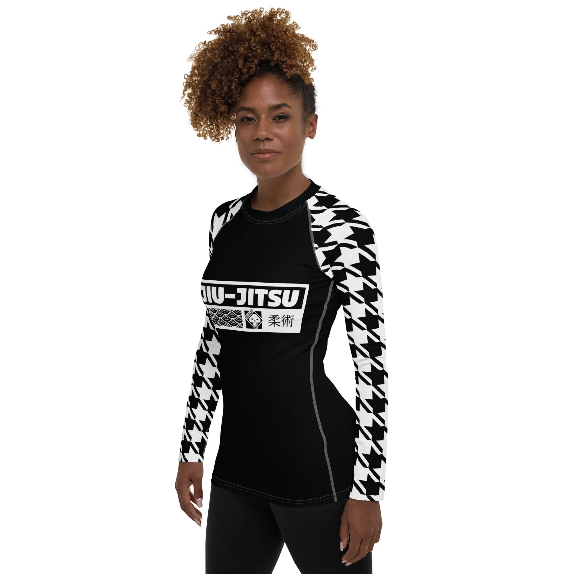 Chic Comfort: Long Sleeve Jiu-Jitsu Houndstooth BJJ Rash Guard for Women Noir