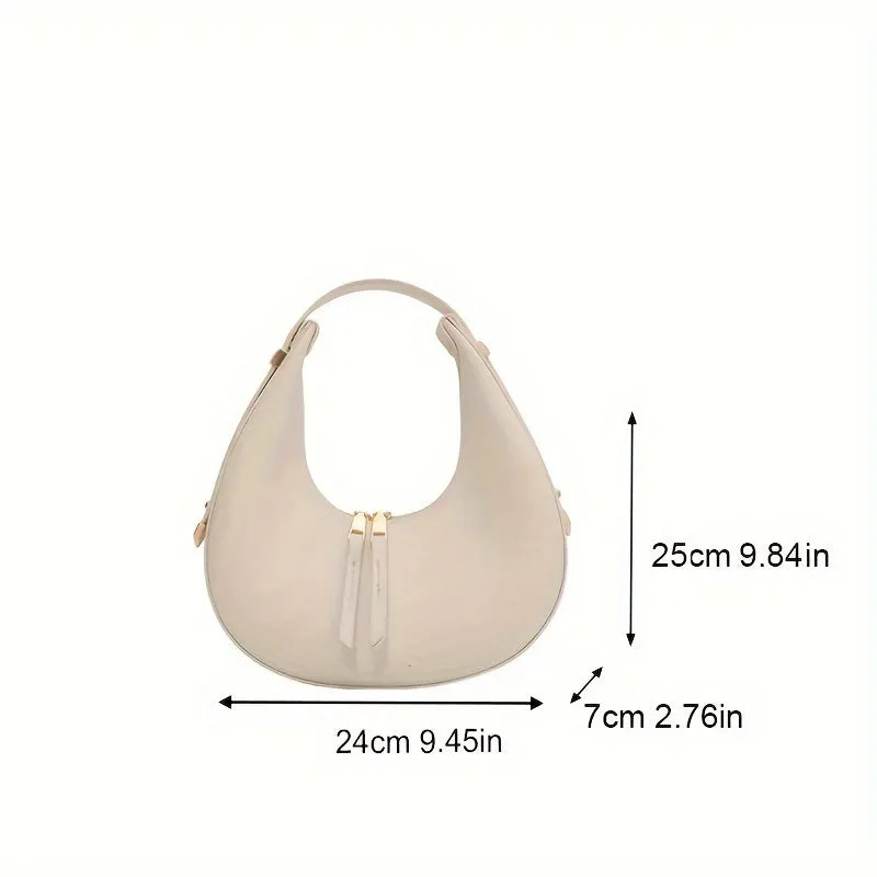 Chic PU Leather Baguette Bag - Retro-Inspired Crescent Shape, Solid Color with Convenient Zipper Closure, Versatile Underarm Fashion Accessory for Everyday Elegance