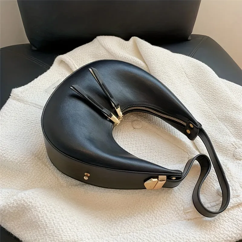 Chic PU Leather Baguette Bag - Retro-Inspired Crescent Shape, Solid Color with Convenient Zipper Closure, Versatile Underarm Fashion Accessory for Everyday Elegance