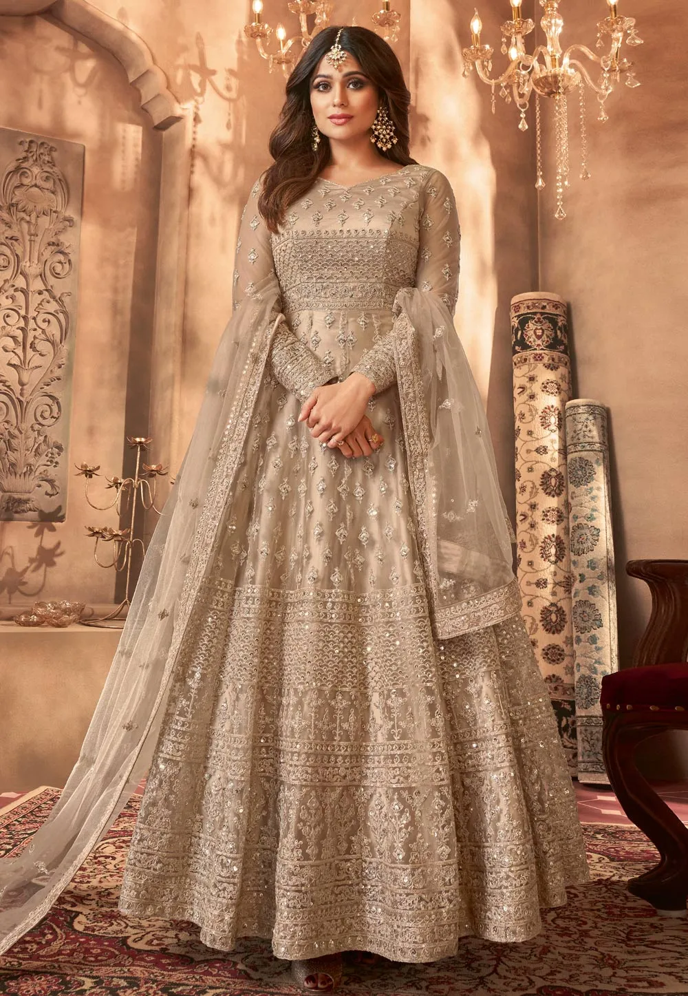 Coffee Beige Shamita Shetty Net Wedding Anarkali Suit