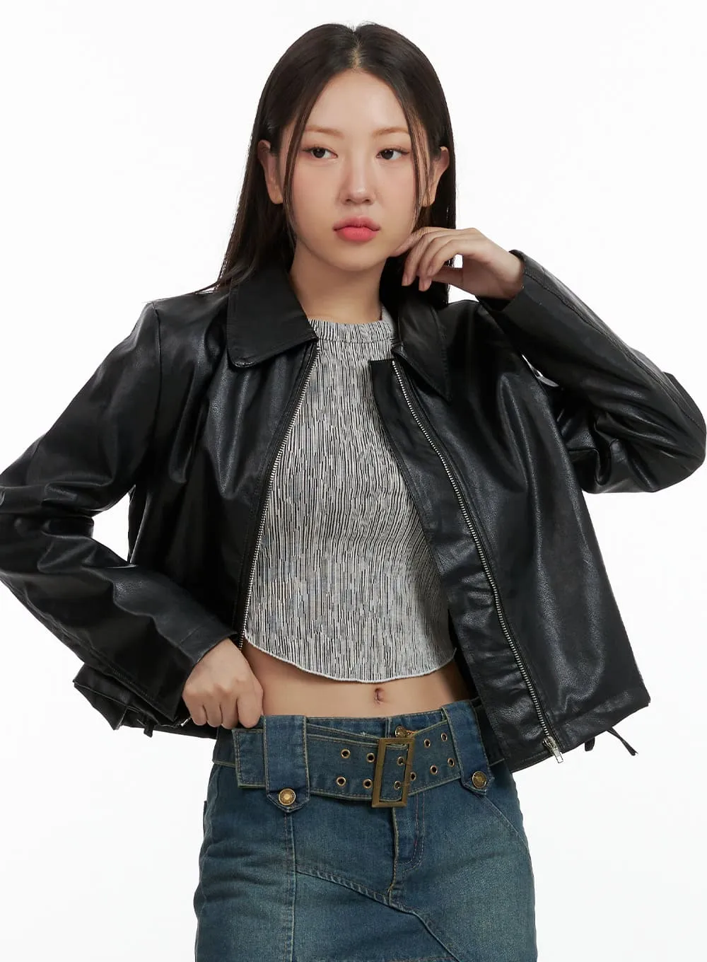 Collar Zip-Up Faux Leather Jacket OL408