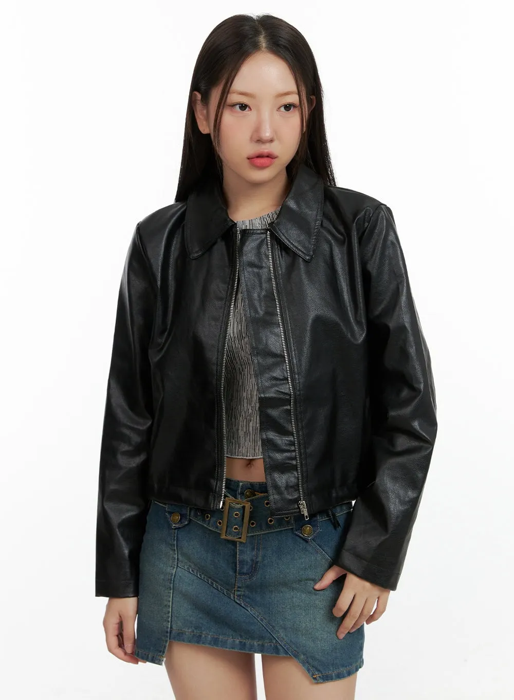 Collar Zip-Up Faux Leather Jacket OL408