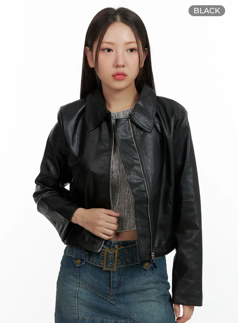 Collar Zip-Up Faux Leather Jacket OL408