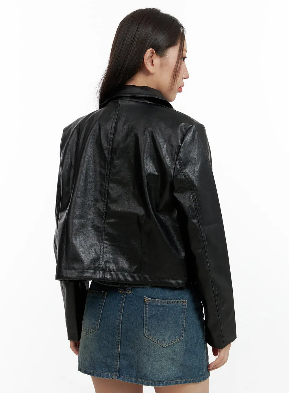 Collar Zip-Up Faux Leather Jacket OL408